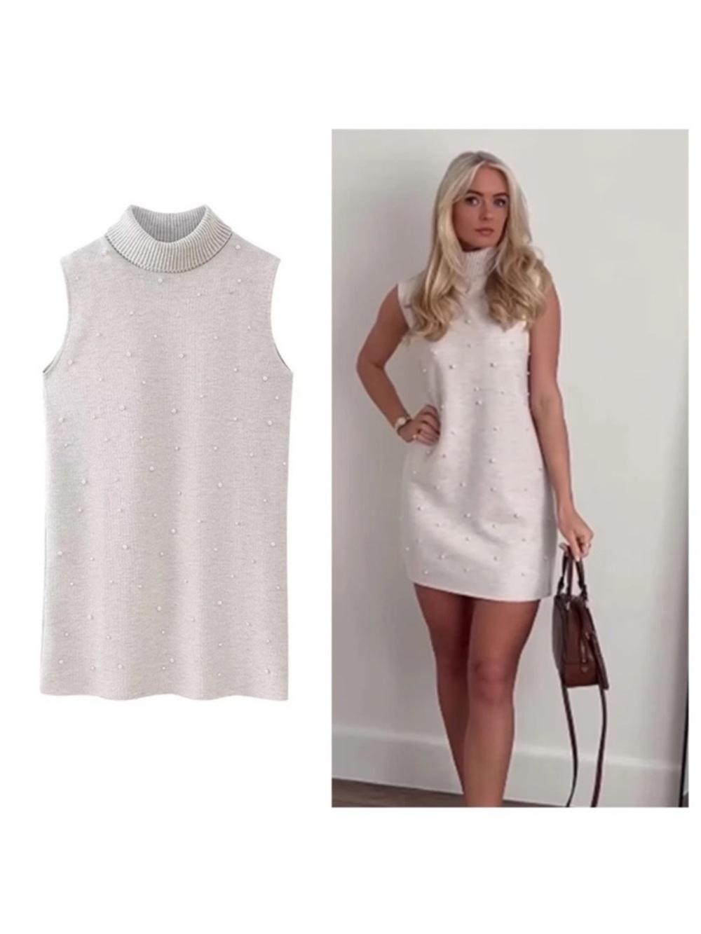 NWT Zara Cream Pearl-Embellished Sleeveless Turtleneck Dress